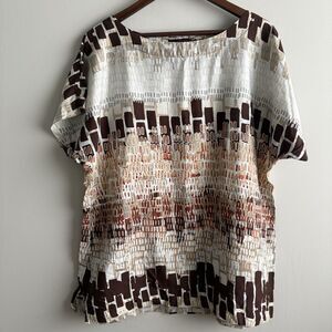 Dana Buchman Abstract Print Blouse XL Brown Cream Boho Loose Fit Short Sleeve